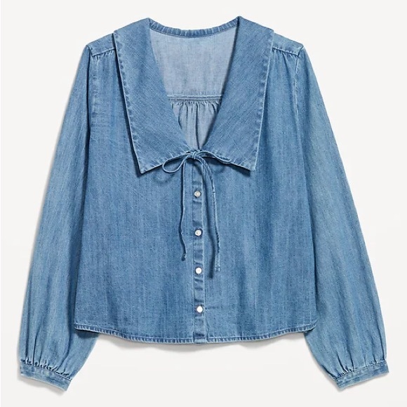 Old Navy Tops - Long-Sleeve Button-Down Cropped Denim Shirt Medium Wash